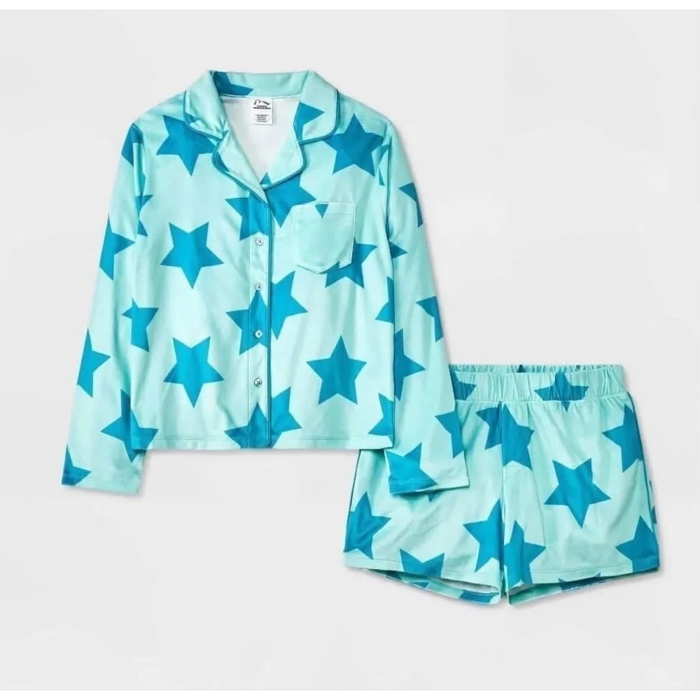 Art Class Kids Pajama Set Teal Star Print Button Down Top and Shorts - M